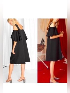 & OTHER STORIES Black Sateen Cold Shoulder Midi Dress 4 NWT